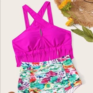 Pink Fringe Swim Top & Floral high waist Bottoms